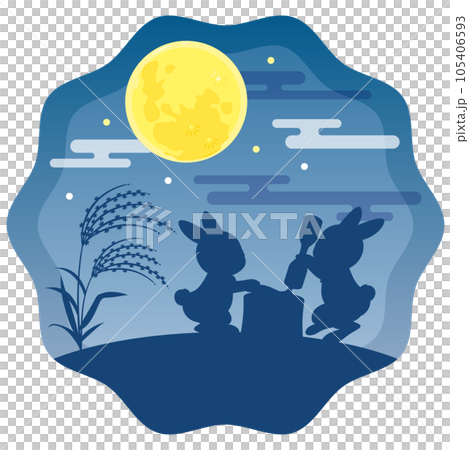 夜空の満月と餅をつくウサギのシルエット 夜空の満月と餅をつくウサギのシルエット 105406593