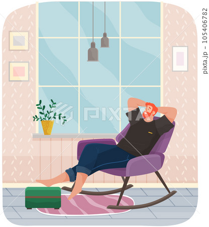 Man lying on sofa in apartment. Happy young guy relaxing, dreaming. Rest on couch, home leisure 105406782