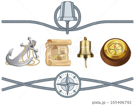 Attributes of marine theme vector set isolated rope, lifebuoy, vintage compass and steering wheel 105406792