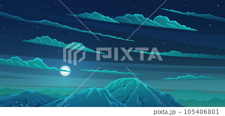 Mountains landscape, abstract blue panoramic view with cloudy night sky vector illustration 105406801