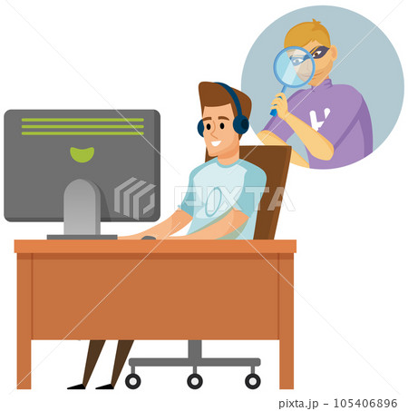 Hacker holding magnifier, plotting to hack computer protection system. Man planned something amiss 105406896