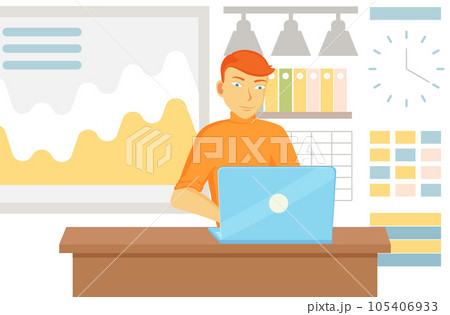 Working male character employee in office sitting at table with computer typing on keyboard 105406933