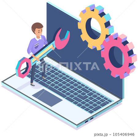 Man with wrench working with settigns program on laptop. Operating system maintenance concept 105406946