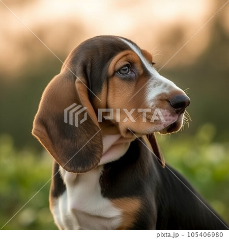 Profile portrait of a cute Basset Hound puppy in the nature. Basset Hound pup portrait on sunny summer day. Outdoor portrait of a beautiful young dog in a summer field. AI generated dog illustration. Profile portrait of a cute Basset Hound puppy in the nature. Basset Hound pup portrait on sunny summer day. Outdoor portrait of a beautiful young dog in a summer field. AI generated dog illustration. 105406980