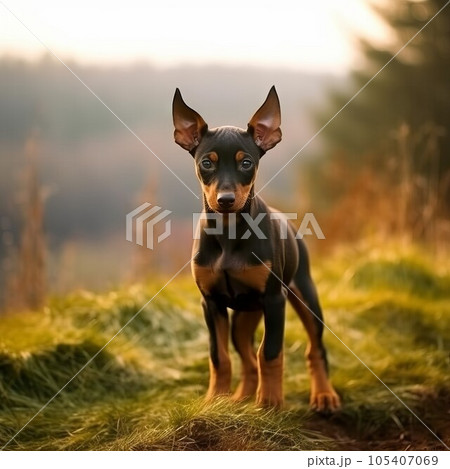 Doberman Pinscher puppy standing on the green meadow in summer green field. Portrait of a cute Doberman Pinscher pup standing on the grass with summer landscape in the background. AI generated dog. 105407069