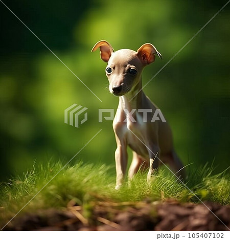 Italian Greyhound puppy sitting on the green meadow in summer green field. Portrait of a cute Italian Greyhound pup sitting on the grass with summer landscape in the background. AI generated dog 105407102