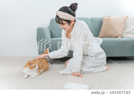 猫の体拭きシート・シャンプータオル・ウェットシートで汚れを拭くアジア人女性 105407195