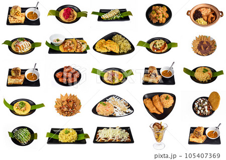 Set or collage of many latin american and mexican food on white background Set or collage of many latin american and mexican food on white background 105407369