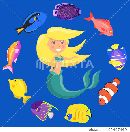 Mermaid with group of colored fish and swims in blue water. Cartoon nautical characters fingerling set 105407440