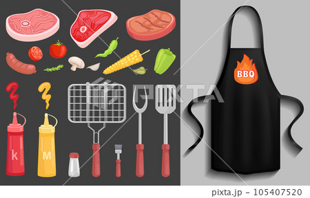 Black apron with bbq restaurant logo. Protective garment for cooking, clothing for barbecue cookery 105407520