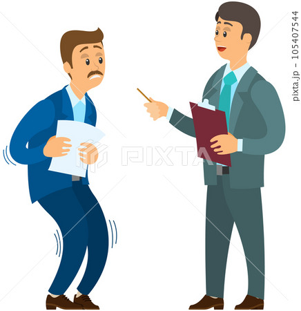 Angry boss shouting to scared employee. Director scolds worker, fear of manager at work concept 105407544