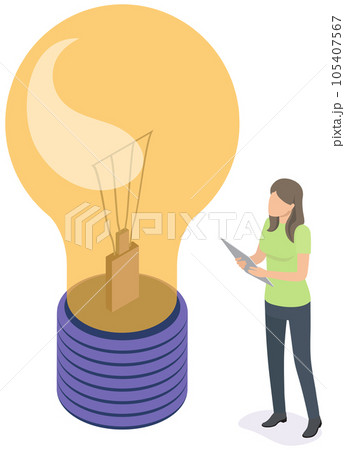 Female characters develop creative business idea. Stand near big light bulb Female characters develop creative business idea. Stand near big light bulb 105407567