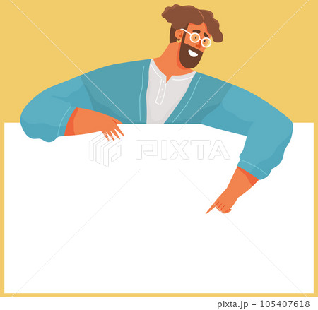Vector bearded man in flat style. Person holds sheet of white blank paper in hand pointing on it 105407618
