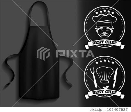 Aprons next to icons of kitchen utensils. Clothes element, protective clothing, toque for cooking Aprons next to icons of kitchen utensils. Clothes element, protective clothing, toque for cooking 105407627