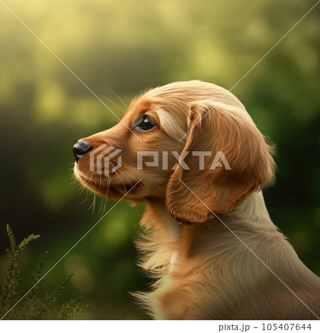 Profile portrait of a cute Cocker Spaniel puppy in the nature. Cocker Spaniel pup portrait on sunny summer day. Outdoor portrait of a beautiful young dog in summer field. AI generated. 105407644