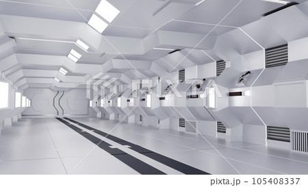 Inside spaceship or space station interior, Sci-Fi tunnel, corridor with empty space, 3D rendering 105408337
