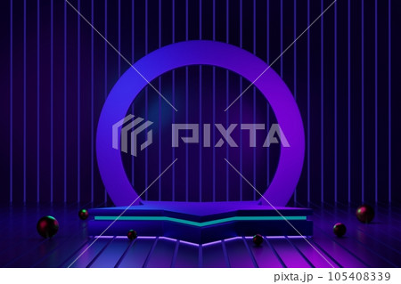 Star podium neon lighting on stage display, pedestal for product show event, 3d rendering. 105408339