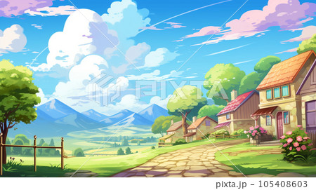アニメ風　のどかな村の風景　Generative AI 105408603