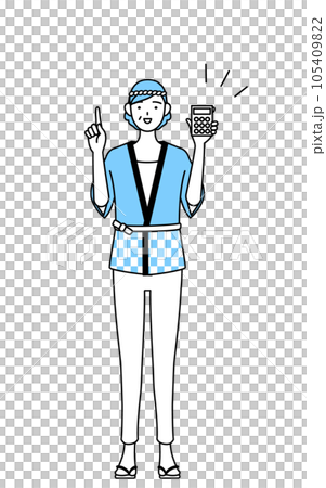 A senior woman wearing a summer festival happi coat pointing with a calculator 105409822