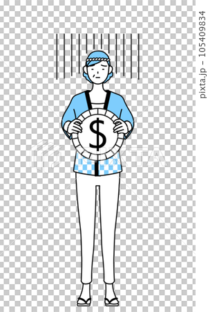 Image of exchange loss and depreciation of the dollar, a senior woman wearing a summer festival happi coat 105409834