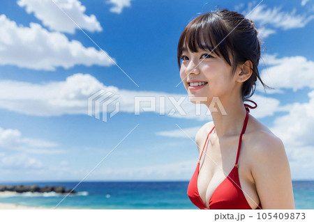 青空をバックに微笑む赤いビキニ姿の若い女性 AI generatedのイラスト