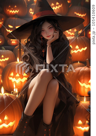 Asian woman dressed as a Halloween witch - Stock Illustration