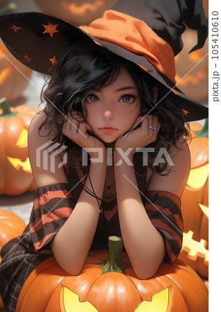 ハロウィンの魔女の仮装をしたアジア人女性　Generative AI 105410610