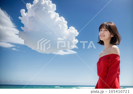 青空をバック微笑む赤い服を着の女性 AI generated 105410721