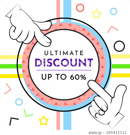 Big sale banner. Sale and discounts. Big discount with human hand pointing to advertising phrase 105411111