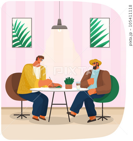 Two friends male characters relax and spend time in restaurant talking on meeting, communicating Two friends male characters relax and spend time in restaurant talking on meeting, communicating 105411118