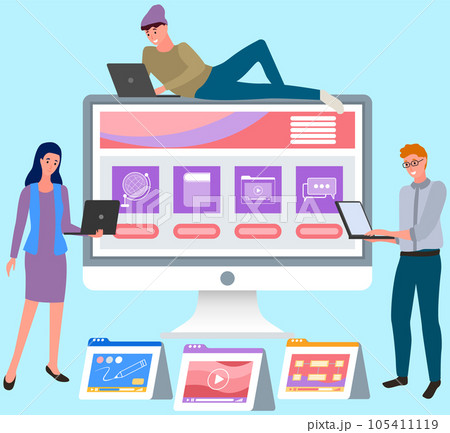 People with laptops study various training courses for students. Distance education, online learning People with laptops study various training courses for students. Distance education, online learning 105411119