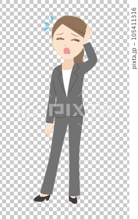 一個穿著沮喪的褲子套裝的女人，全身 105411316