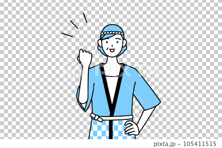 A senior woman wearing a summer festival happi coat doing a guts pose 105411515