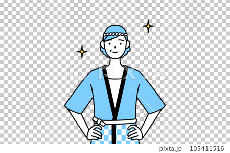 A senior woman wearing a summer festival happi coat with her hands on her hips 105411516