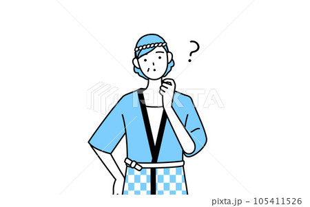 疑問を持って首をかしげる夏祭りの法被を着たシニア女性 疑問を持って首をかしげる夏祭りの法被を着たシニア女性 105411526