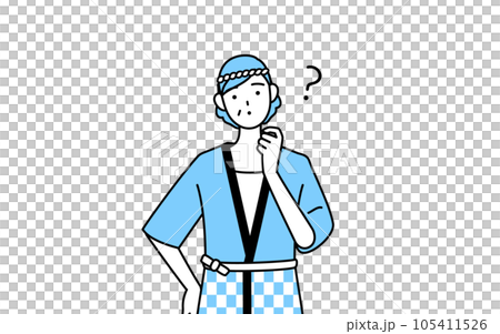 疑問を持って首をかしげる夏祭りの法被を着たシニア女性 疑問を持って首をかしげる夏祭りの法被を着たシニア女性 105411526