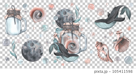 A glass jar with whale, seashells, algae, bubbles and a moon. Watercolor illustration hand drawn. Set of isolated elements on a white background A glass jar with whale, seashells, algae, bubbles and a moon. Watercolor illustration hand drawn. Set of isolated elements on a white background 105411598