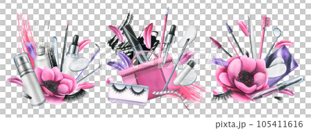 Pink cosmetic bag with beauty master's tools for eyelash extension and lamination, with brushes, silicone rollers. Watercolor illustration, hand drawn. Set of compositions on a white background Pink cosmetic bag with beauty master's tools for eyelash extension and lamination, with brushes, silicone rollers. Watercolor illustration, hand drawn. Set of compositions on a white background 105411616