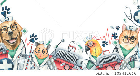 Veterinary doctors hamster, dog, cat, parrot, pet carrier, medicines. Watercolor illustration, hand drawn, for the design of clinics, hospitals, pharmacies. Border template on a white background 105411656