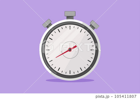 Cartoon flat style drawing stopwatch, special watch to start, stop, measure. Sport and competition equipment. Timer return arrow icon, logo, template, label, symbol. Graphic design vector illustration 105411807