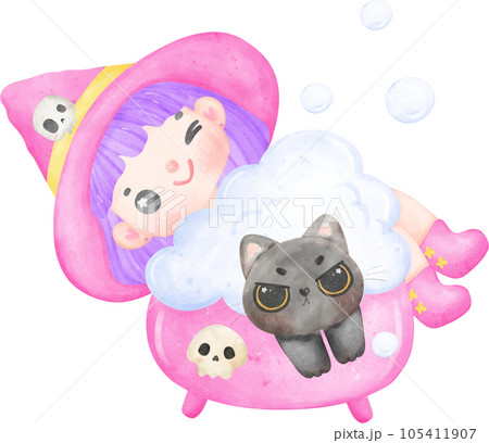 Cute Halloween Witch Cartoon watercolor 105411907