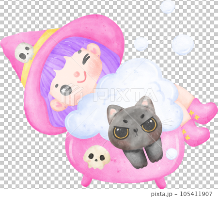 Cute Halloween Witch Cartoon watercolor 105411907