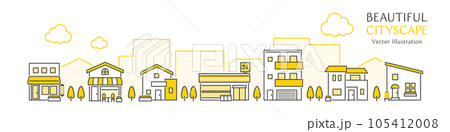 シンプルなお店や住宅が並ぶ美しい街並みのベクターイラスト シンプルなお店や住宅が並ぶ美しい街並みのベクターイラスト 105412008