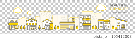 シンプルなお店や住宅が並ぶ美しい街並みのベクターイラスト シンプルなお店や住宅が並ぶ美しい街並みのベクターイラスト 105412008