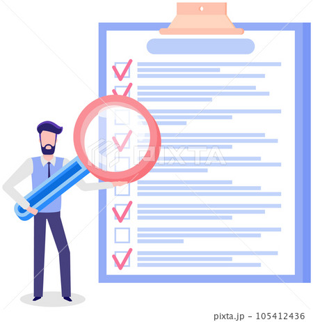 Man studying to do list with magnifier. Person with magnifying glass looks at checklist on clipboard 105412436