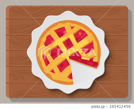Delicious homemade holiday cake. Baked cherry pie on plate on wooden table vector illustration 105412456