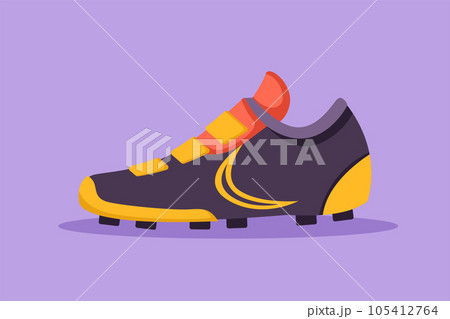 Graphic flat design drawing of stylized soccer boots. Football shoes. Football icon. Soccer ball boots. Sports inventory. Competitive and competition game tournament. Cartoon style vector illustration 105412764