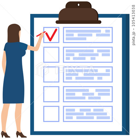 Woman with pencils writing on checklist on clipboard paper. Lady works with to do plan creation Woman with pencils writing on checklist on clipboard paper. Lady works with to do plan creation 105413038