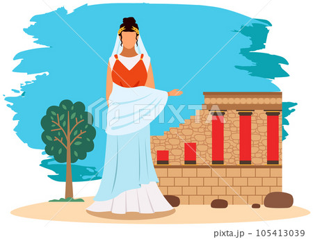 Roman woman in traditional clothes, citizen of ancient rome near destroyed building with columns Roman woman in traditional clothes, citizen of ancient rome near destroyed building with columns 105413039