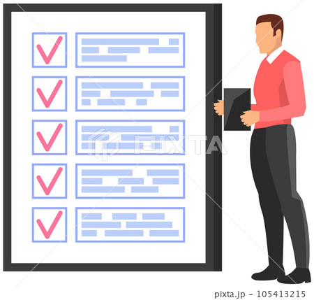 Month scheduling, to do list, time management. Businessman stands near checklist and planning 105413215